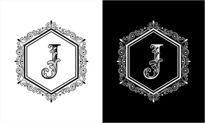 Fototapeta premium Elegant Letter J Monogram in Ornate Hexagonal Frame.