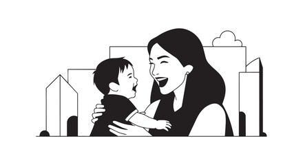 Joyful mother and baby embrace in urban setting illustration