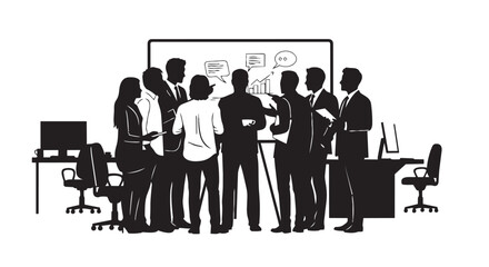 Silhouette of business team meeting around a whiteboard with diagrams