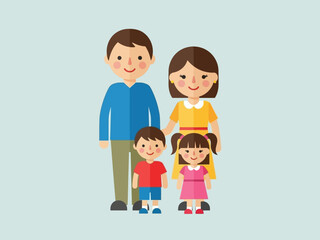 Happy Family Portrait Mother, Father, Son, and Daughter Illustration on Blue Background