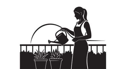 Silhouette of woman watering potted plants on balcony
