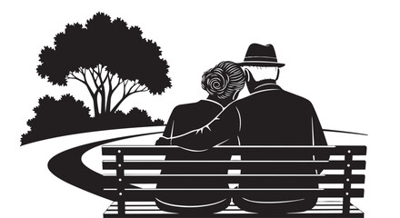 Elderly couple sitting on a park bench under a tree, back view illustration