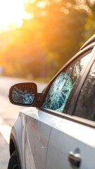 Obraz premium Damaged vehicle, broken window, sunlight filters, parked roadside