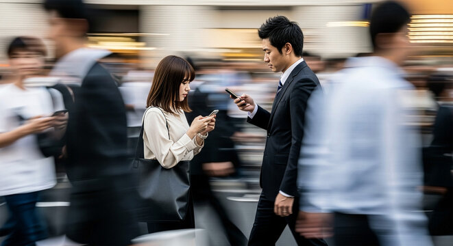 歩きスマホの危険性、前方を見ず高速で歩く男性と女性の衝突の瞬間を目撃