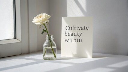 Delicate white rose in a glass vase alongside a card