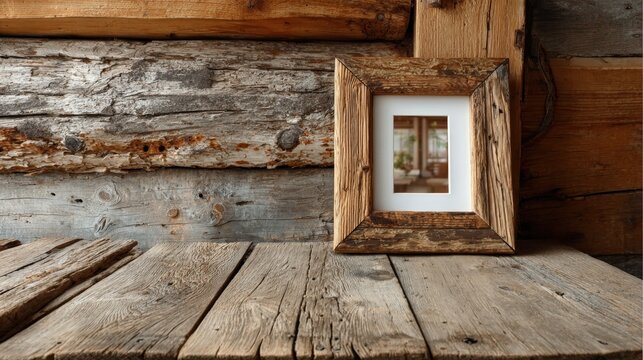 Empty rustic wooden picture frame rests against a weathered log cabin wall on a wooden table