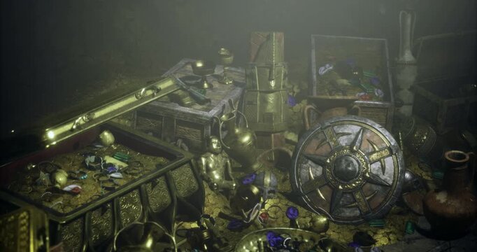 A dusty chamber reveals a trove of gold and ornate items among scattered treasures. Intricate artifacts, shields, and ornamental pieces showcase a lost civilizations history.