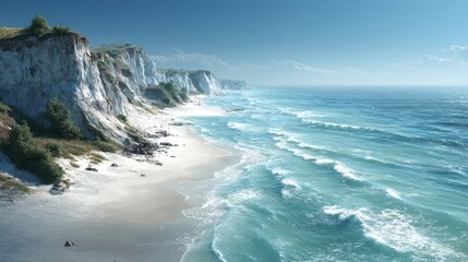 Coastal panorama of white cliffs, sandy beach, and blue ocean waves on a clear summer day in england at the jurassic coast