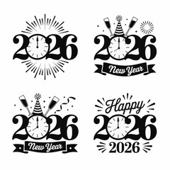 Happy New Year 2026 Black and White Vintage Clock Logo Vector Set