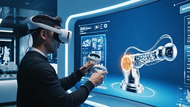A man in a virtual reality headset interacting with a 3d firearm model on a large screen