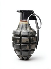 Classic fragmentation hand grenade with pin on white background