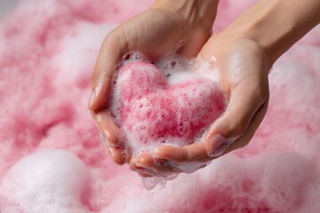 Fototapeta premium Heart-shaped pink soap in hands surrounded by bubbles