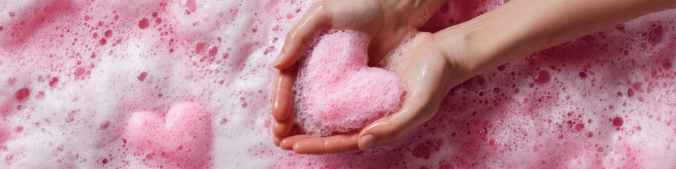 Fototapeta premium Hands holding pink heart-shaped soap amid foamy bubbles