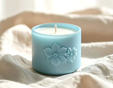 ght Blue Decorative Candle with Floral Embossed Design on Soft Fabric Background, Minimal Home Decor and Wellness Photography for Relaxation 