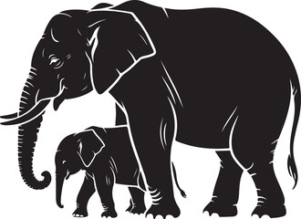 Fototapeta premium Silhouette of an adult elephant and a baby elephant walking together elephants calf