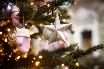 Christmas trees decorated with Christmas balls on the city streets
