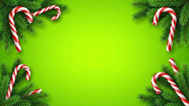 Christmas candy cane and fir branch frame on green backdrop