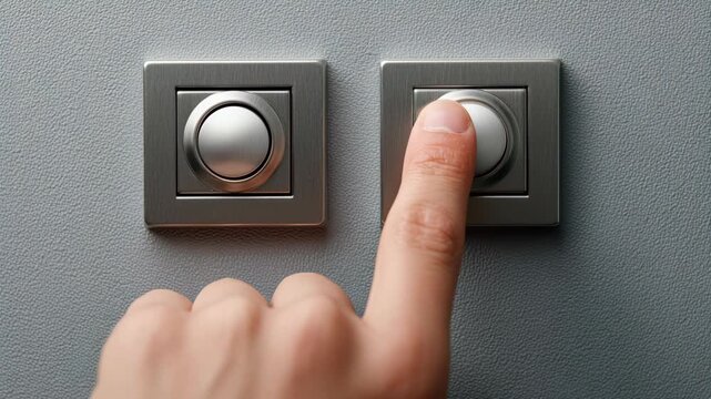 Close-up of a finger pressing a modern silver button on a textured gray wall