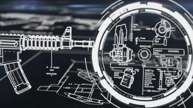 Technical drawing of guns with magnifying glass on blueprint