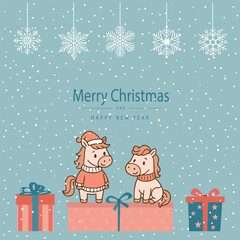Adorable horses in winter attire surrounded by festive gifts and snowflakes. 