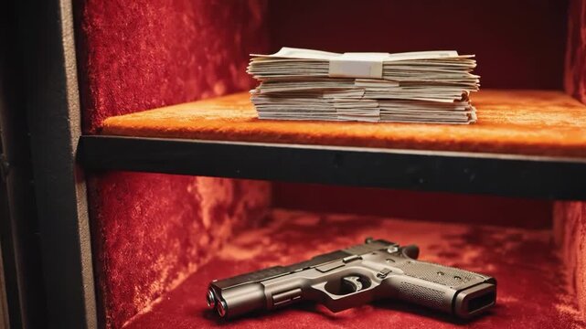 Open safe with gun and money inside