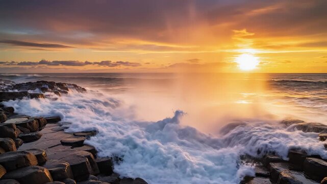 Sunset waves crashing on hexagonal rocks