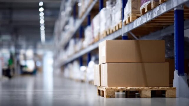Warehouse logistics and Storage: Capture the dynamic world of logistics and distribution, with rows of shelves, a pallet of boxes and showcasing the efficiency of modern warehousing. 
