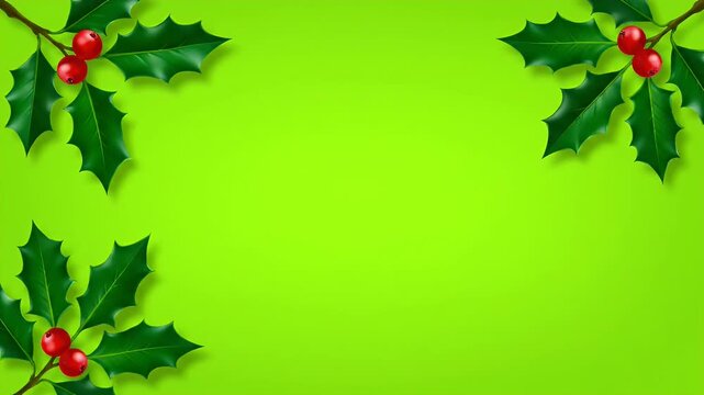 Green holly leaves and red berries forming a festive border