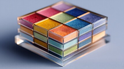 Colorful makeup palettes stacked in geometric blocks and a unique pattern design; a high quality look perfect for cosmetic advertising or beauty blogging