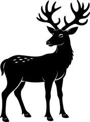Solid Black Silhouette of a Reindeer with Large Antlers, Reindeer with Large Antlers Silhouette, Winter Reindeer Black Silhouette, Majestic Reindeer Silhouette Graphic