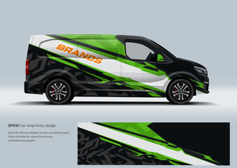 van wrap designs for commercial branding. The series includes a bold red and black speed-line design, a vibrant lime green and black corporate style, and a modern blue geometric camouflage pattern.