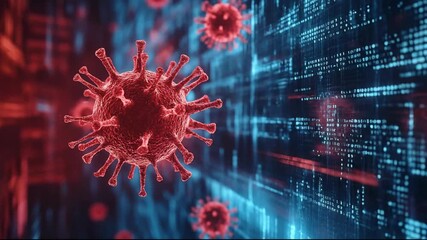 Red 3D Virus Cell Floating on Blue Digital Data Matrix Background for Medical and Cyber Security Concepts - Powered by Adobe