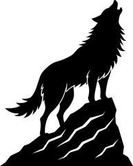 Silhouette of a Howling Wolf on a Rocky Cliff Solid, Howling Wolf on Cliff Silhouette, Lone Wolf Rocky Cliff Silhouette, Majestic Wolf Silhouette Graphic