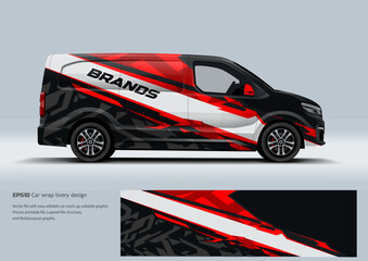van wrap designs for commercial branding. The series includes a bold red and black speed-line design, a vibrant lime green and black corporate style, and a modern blue geometric camouflage pattern.