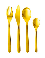 Gold cutlery set including fork knife and spoons