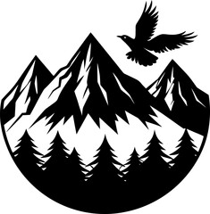 Obraz premium Silhouette of a Sharp Mountain Range with a Lone Eagle, Lone Eagle Flying Over Mountain Silhouette, Sharp Mountain Peaks Silhouette, Majestic Mountain Range with Eagle Graphic