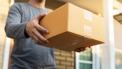 Close-up of a courier handing over a cardboard box, symbolizing the concept of fast shipping, quick postal delivery, and efficient parcel logistics service. Trustworthy package delivery with care