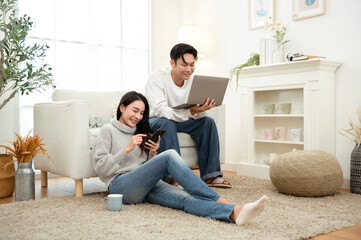 Couple Relaxing at Home in Winter While Using a Laptop and Enjoying Drinks Together