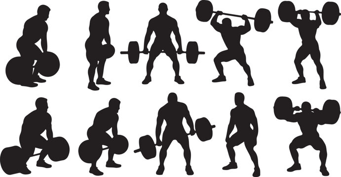 Silhouette sequence of a person performing weightlifting exercises including deadlifts and overhead presses