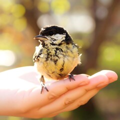 Tiny bird on hand in sunlight
