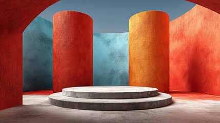 Abstract studio with concrete pillars and three tiered podium illuminated by colorful gradient light, creating a striking visual effect