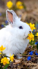 White rabbit in spring flowers