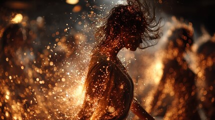 People dancing and celebrating at night around a massive bonfire with overhead string lights, creating a warm and festive atmosphere