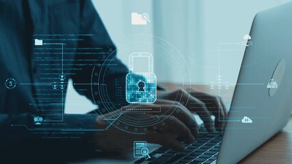 A person typing on a laptop is surrounded by a digital interface showcasing a security lock, signifying the importance of cybersecurity and data protection in today technology landscape. Qubit - Powered by Adobe