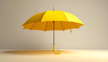 Bright yellow umbrella with curved handle viewed at an angle on clean minimal background.
