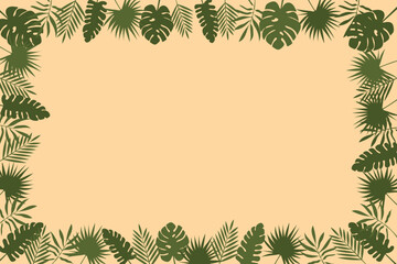 Tropical leaf border vector illustration featuring various green leaves on a beige background. Perfect for nature themed designs, invitations, or digital projects.