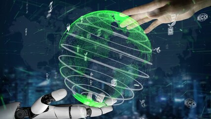 A robotic hand reaches out to touch a digital globe, emphasizing the fusion of technology and eco-friendly practices in a sustainable future. Xenic - Powered by Adobe
