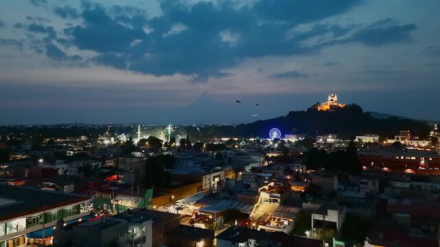 Aerial view during blue hour of the Kite Festival in Cholula, Mexico