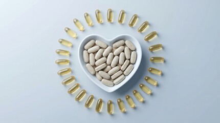 Capsules in heart shape with circular layout on blue for supplement wellness concept.