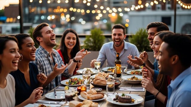 A Diverse Group of Friends Enjoying a Lively Outdoor Dinner Party.